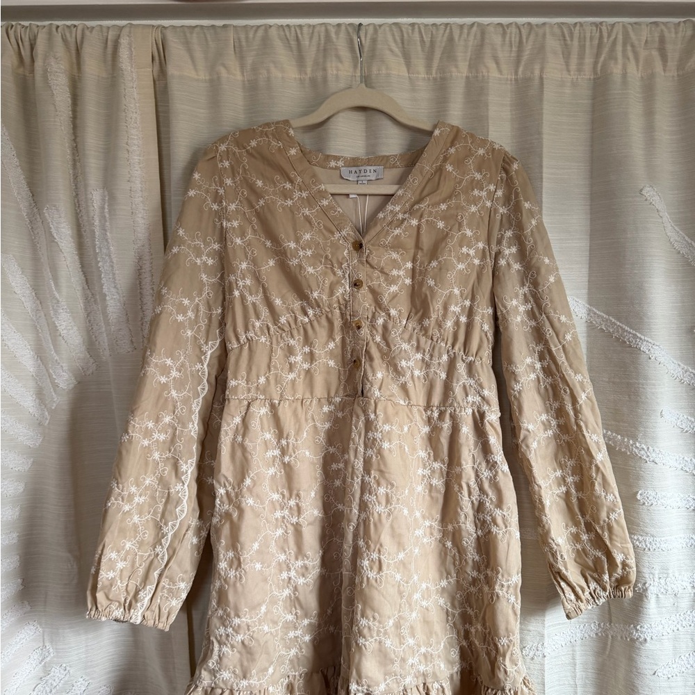 Hayden Tan Dress with White Floral Embroidery